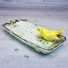 Vintage Glazed Ceramic 8  Trinket Candy Dish Plate W Yellow Bird Figure   Gold