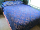 Hand Thread Crochet Bedspread Twin Full 103  X 73  Dark Blue Lace Bed Cover Vtg