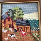 Vtg Needlepoint Framed Folk Art Farm Scene Barn Animals Handmade Whimsical
