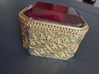 Vintage Italy Florenza Gold Tone Red Ruby Glass Faceted Pill Box - Trinket Case