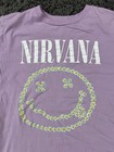 Nirvana Smiley Face Women   s T-shirt Medium Purple Lavender Daisies Band Grunge