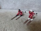 2 Vintage Barclay Toy Lead Figures Skiers Man Woman Red 2 25  Complete