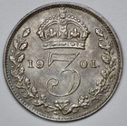 1901 Great Britain Veiled Head Silver 3p Unc Threepence