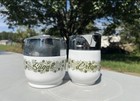 Vintage retro Glass Creamer   Sugar Bowl Set  White Green Floral  Silver Lids