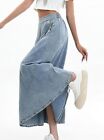 Women Pleated Denim Skirt Long Jean Skirt Flowy Elastic Waist Denim Maxi Ruffle
