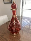 Vintage Bohemian   Cranberry Etched Cut To Clear Decanter Bottle With Stopper 
