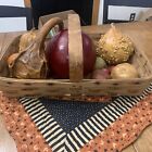 Antique Oak Splint Woven Gathering Basket Bentwood Handle Thanksgiving Gourdes