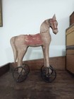 Vintage Wooden Horse Pull Toy With Metal Wheels   Red Painted Saddle