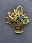 Vintage Pin Lot Five Gold Tone Metal Pins Rhinestone Flower Basket Angel Pearl