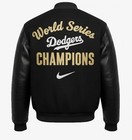 Men s Black And Gold Dodgers Bomber Jacket Wool Body Leather Sleeves Snap Front