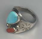 Navajo Sterling Silver Turquoise Coral Ring Vintage Native American Size 10