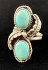 Vintage Navajo Native American Sterling Silver Double Turquoise Leaf Ring D106