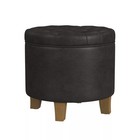 Round Storage Ottoman Black Faux Leather - Homepop  Honey Oak Wood Legs 