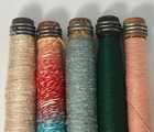 Vtg  Wooden Sewing Bobbins With Thread  Yarn Set Of 5 Lot 7