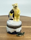 Porcelain Hinged Trinket Box Polar Bear With Penguin