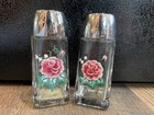 2 Anchor Hocking Salt   Pepper Shakers Glass Pink Rose Flower Floral Set Vintage