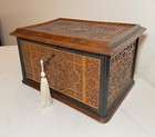 High Quality 1800 s Antique Handmade Carved Wood Ornate Brass Jewelry Box Casket