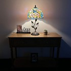 Tiffany Style Table Lamp Blue Pink Stained Glass Hummingbird Flowers 12 w 22 h