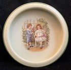 Vintage Child s Children s Bowl Boy   Girl In The Garden Green Trim Heavy Bottom