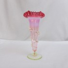 Cranberry Opalescent Art Glass Trumpet Vase Vaseline Foot  Ruffled  Rigaree