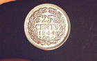 1944 Silver Netherlands 25 Cents Coin  Almost Uncirculated