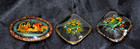 Vintage Russian Black Lacquer Wooden Hand Painted Floral Brooch Pins Lot Of 3