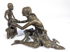 African Patinated Bronze Metal Sculpture Of Tribesman   Boy W Pot Lost Wax Cast