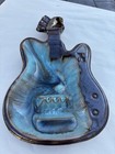 Vintage Redware Ceramic Guitar Ashtray Brown Blue Drip Glaze Pottery Large