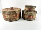 Vintage Hand Woven Set Of 3 Colorful Octagon Seagrass Nesting Storage Baskets