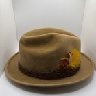 Vtg Sovereign Stetson Western Hat Tan Fedora Feather Braided Rope Band 7 1 8