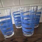 Set Of 4 Clear Glass Tumblers Blue Stripe Geometric Decorated 11-20 Oz Vintage