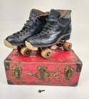 Vintage Official Roller Derby Skates Wood Wheels  Black Size 10 With Metal Case