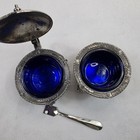 Vintage Silver Plated Lions Head Footed Mustard   Salt Pot With Blue Inserts 