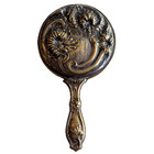 Antique Art Nouveau Ladies Hand Mirror High Relief Trumpet Flowers Beveled Glass