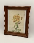 Vintage Framed Botanical Silk Rose Textile Art Scalloped Wood Frame