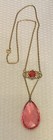 Antique Czech Brass Pink Crystal Glass Teardrop Lavalier Pendant Necklace 18 