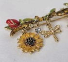Vtg St John Gold Tone Bar Brooch Garden Sunflower Lady Bug Stones Dangles Signed
