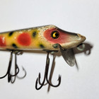 Heddon Dowagiac Vamp Glass Eyes Strawberry Spot Vintage Wood Fishing Lure  Worn