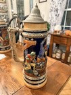 Vintage German Beer Stein Humorous Tavern Scene Drunken Peasants Pewter Lid