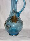 Bohemian Aqua Blue Glass Decanter With Stopper Barware Gold Gilded Mcm Vintage