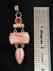 925 Sterling Silver Pendant W Pink Rhodochrosite   Garnet Boho Vintage Statement