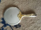 Heavy Vintage Silver Plated Ornate Vanity Hand Mirror W gold Tone Flowers 9 5  L