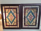 Old English Leaded Stained Glass Window Hand Painted Floral 17  X 13  Pair