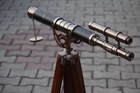 39   Double Barrel Brass Telescope Covered With Leather On Stand Christmas Gift