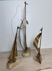 Vintage Demott And   Signed Brass Onyx Metal Sail Boat Sculptures Mcm Lot Of 3