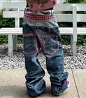 Women s Denim Blue Jeans Rose Plaid Mixed Punk Motorcycle Pants Fashion Trousers