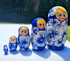 Russian Wooden Blue   White Matryoshka Nesting Dolls Set Of 5 With Floral Design