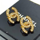 Chanel Cc Logo Coco Mark Vintage Earrings Gold Rhinestone Clipon Authentic Japan