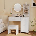 Vanity Table  Lighted Round Mirror   Power  4 Fabric Drawers   3 Shelves Bedroom