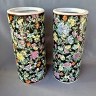 Pair Of Vintage Chinese Porcelain Famille Noire Floral Vase Stamped 11   